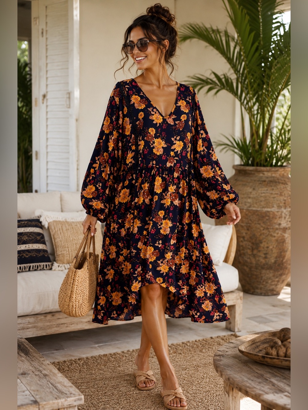 RusttyDustty,Floral Boho Oversized V Neck Babydoll Mini Dress Tunic Size 3XL